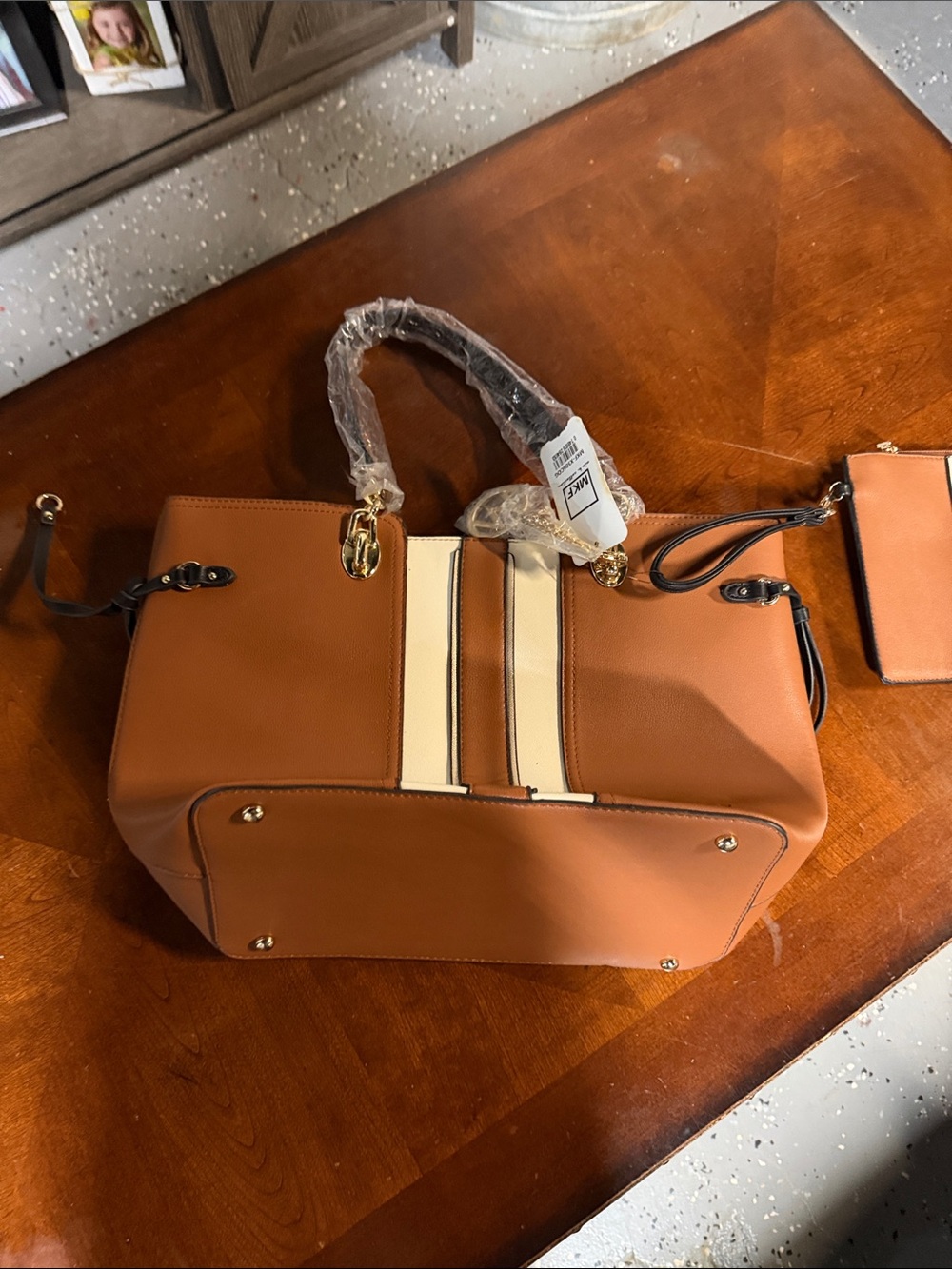 Tan Leather Tote with Cream Center Stripes - Women Bags